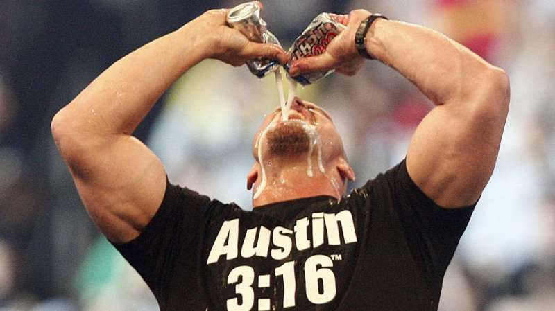 Stone Cold Steve Austin chugging in his signature beers