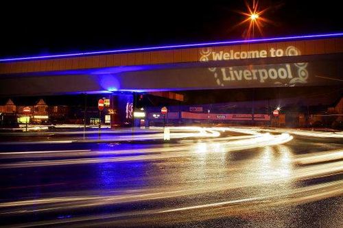 LIVERPOOL, UNITED KINGDOM - JANUARY 04: The Rocket fly over at the end of the M62 motorway has been given a night-time lighting makeover to welcome visitors to Liverpool as it celebrates European City of Culture 2008. January 4, 2008. The city has invested  millions of pounds in it's events as European Capital of Culture in 2008.  (Photo by Christopher Furlong/Getty Images)