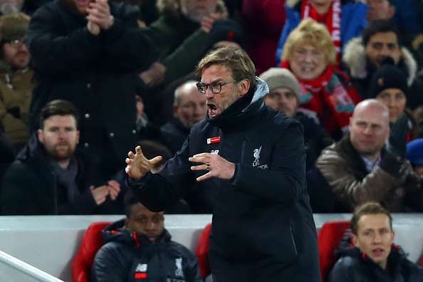 LIVERPOOL, ENGLAND - FEBRUARY 11:  Jurgen Klopp, Manager of Liverpool reacts during the Premier League match between Liverpool and Tottenham Hotspur at Anfield on February 11, 2017 in Liverpool, England.  (Photo by Clive Brunskill/Getty Images)