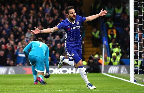 LONDON, ENGLAND - FEBRUARY 25: Cesc Fabregas of Chelsea celebrates scoring his sides first goal during the Premier League match between Chelsea and Swansea City at Stamford Bridge on February 25, 2017 in London, England.  (Photo by Clive Rose/Getty Images)