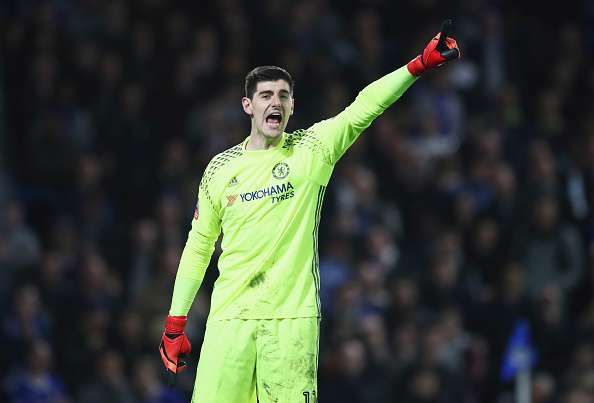 LONDON, ENGLAND - MARCH 13:  Thibaut Courtois of Chelsea signals during The Emirates FA Cup Quarter-Final match between Chelsea and Manchester United at Stamford Bridge on March 13, 2017 in London, England.  (Photo by Julian Finney/Getty Images)