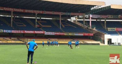 The Indian team walks out to the ground after a net session