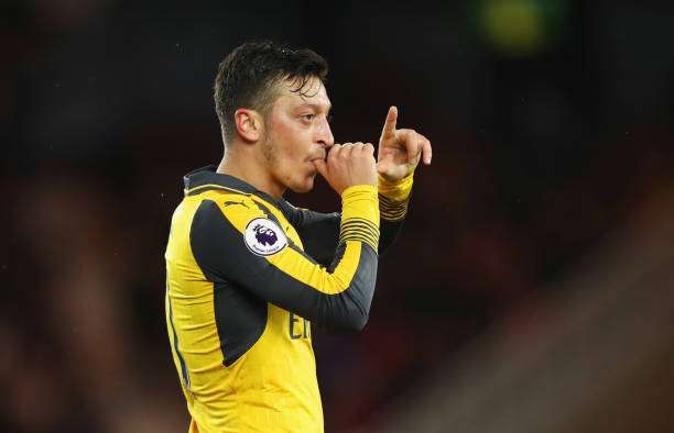 MIDDLESBROUGH, ENGLAND - APRIL 17:  Mesut Ozil of Arsenal (11) celebrates as he scores their second goal during the Premier League match between Middlesbrough and Arsenal at Riverside Stadium on April 17, 2017 in Middlesbrough, England.  (Photo by Ian MacNicol/Getty Images)