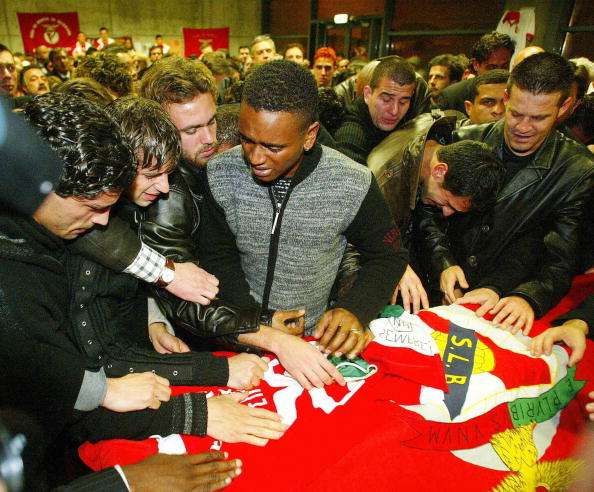 Miklos Feher Benfica&#039;s teammates cry near the coffin with the body of the Hungarian player