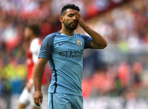 LONDON, ENGLAND - APRIL 23:  Sergio Aguero of Manchester City reacts after missing a chance during the Emirates FA Cup Semi-Final match between Arsenal and Manchester City at Wembley Stadium on April 23, 2017 in London, England.  (Photo by Mike Hewitt/Getty Images,)