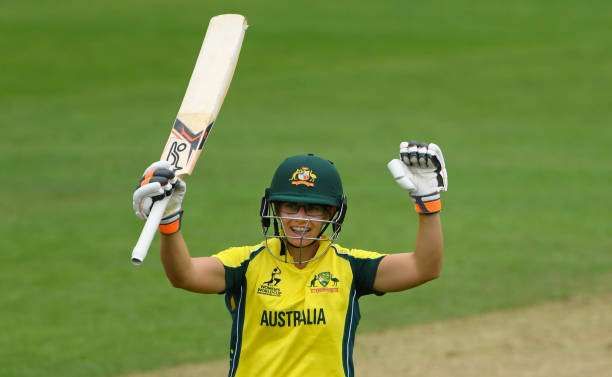 TAUNTON, ENGLAND - JUNE 26:  Australia batsman Nicole Bolton celebrates her century during the ICC Women&#039;s World Cup 2017 match between Australia and West Indies at The Cooper Associates County Ground on June 26, 2017 in Taunton, England.  (Photo by Stu Forster/Getty Images)