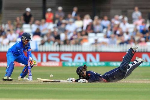 Fran Wilson is run-out by a direct hit from Ekta Bisht