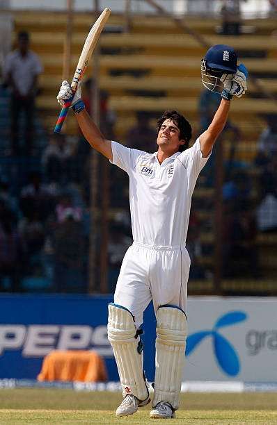 CHITTAGONG, BANGLADESH - MARCH 12:  England captain Alastair Cook celebrates after reaching his century during day one of the 1st Test match between Bangladesh and England at Jahur Ahmed Chowdhury Stadium on March 12, 2010 in Chittagong, Bangladesh.  (Photo by Stu Forster/Getty Images)