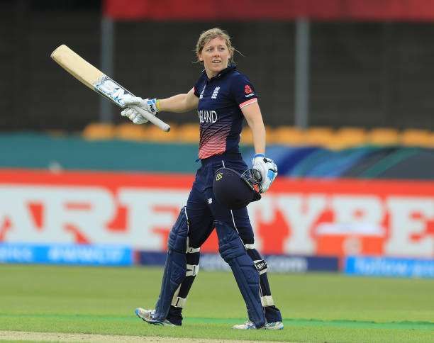 LEICESTER, ENGLAND - JUNE 27:  Heather Knight of England celebrates reaching her century during the Women's ICC World Cup group match between England and Pakistan at Grace Road on June 27, 2017 in Leicester, England.  (Photo by Richard Heathcote/Getty Images)