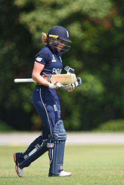 CHESTERFIELD, ENGLAND - JUNE 19: Lauren Winfield of England Women's walks of the pitch during the ICC women's world cup warm up match between England Women's and Sri Lanka on June 19, 2017 in Chesterfield, England. (Photo by Nathan Stirk/Getty Images)