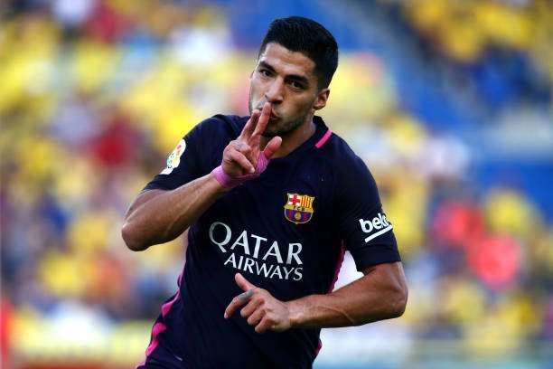 LAS PALMAS, SPAIN - MAY 14: Luis Suarez of Barcelona celebrates after scoring the teams second goal of the game during the La Liga match between UD Las Palmas and Barcelona at Estadio de Gran Canaria on May 14, 2017 in Las Palmas, Spain. (Photo by Charlie Crowhurst/Getty Images)