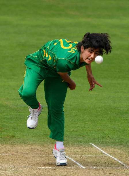 TAUNTON, ENGLAND - JULY 08: Pakistan bowler Diana Baig in action during the ICC Women's World Cup 2017 match between New Zealand and Pakistan at The Cooper Associates County Ground on July 8, 2017 in Taunton, England.  (Photo by Stu Forster/Getty Images)