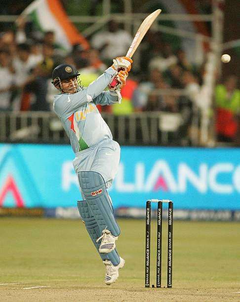 DURBAN, SOUTH AFRICA - 19 September:  Virender Sehwag hits another boundary during the ICC Twenty20 Cricket World Championship Super Eights match between England and India at Kingsmead on September 19, 2007 in Durban, South Africa.   (Photo by Duif du Toit/Gallo Images/Getty Images)