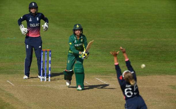 BRISTOL, ENGLAND - JULY 05:  South Africa batsman Sune Luus hits out watched by Sarah Taylor during the ICC Women&#039;s World Cup 2017 match between England and South Africa at The County Ground on July 5, 2017 in Bristol, England.  (Photo by Stu Forster/Getty Images)
