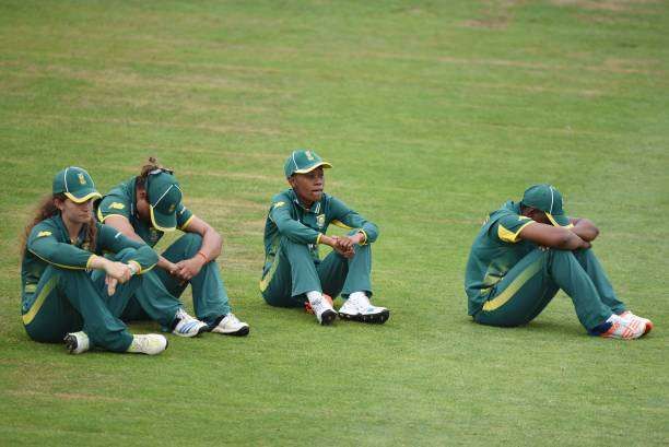A dejected South African team after the loss